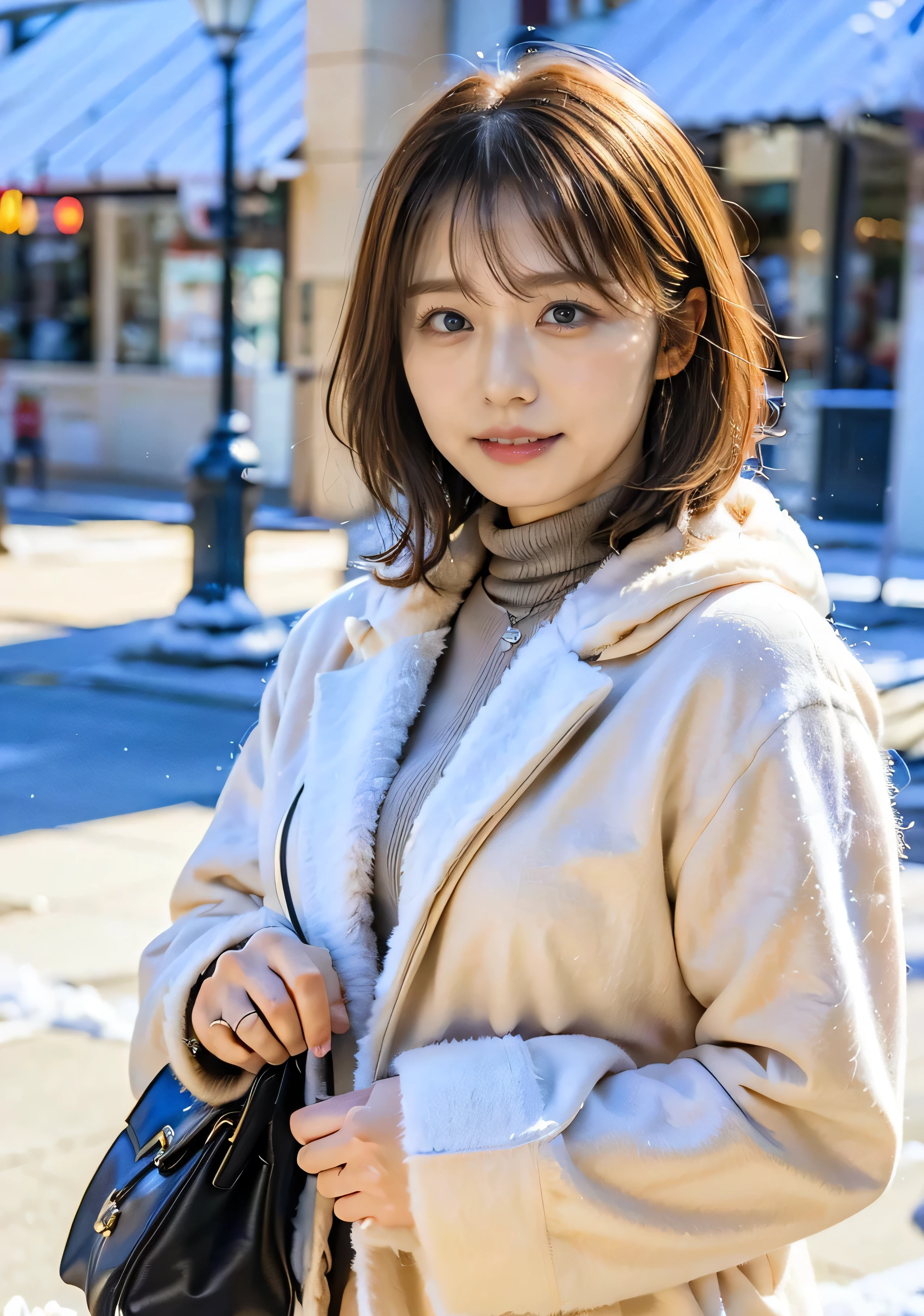 Outdoor、A luxurious grey mink coat with fur、Wearing leather boots、A luxurious bag、The inner turtleneck、Silver necklace and small silver earringillionaire Style:1.4））、Full body photo、smile、 Caustics、Highly detailed photos、Very beautiful woman 、Ample breasts、No makeup、(8k、RAW Photos、highest quality、masterpiece:1.2)、(Realistic、Realistic)、1 girl、((Medium Short Hair、Midwinter、Cold region Snow is falling、The wind is blowing、Fluttering Hair、Background Bokashi、Colorful illumination、Looking into the camera:1.4))、
