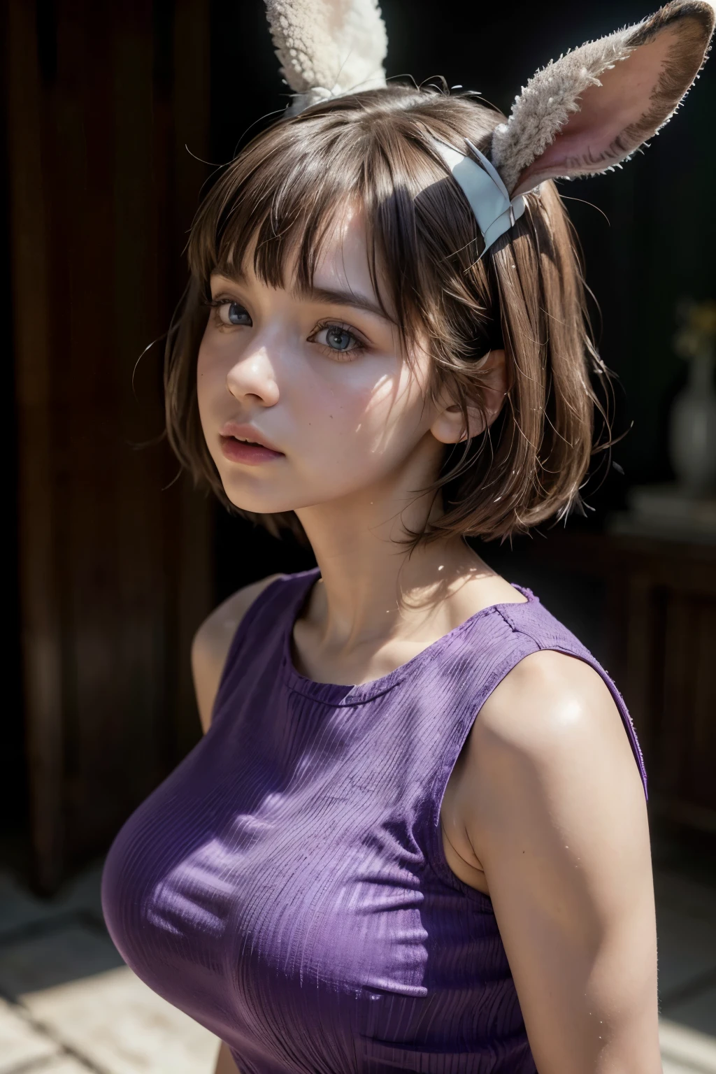 (a beautiful girl with rabbit ears), short messy brown hair, head tilted, (best quality,4k,8k,highres,masterpiece:1.2),ultra-detailed,(realistic,photorealistic,photo-realistic:1.37),intricate, detailed portrait,8K,((masterpiece)), ((best quality)), (ultra-detailed), High detail, professional photograph, highest quality, floating hair, beautiful detailed, (((realistic))), hyper realistic character,natural lighting ,beautiful detailed eyes,1girl, solo,blunt bangs, realistic, (sleeveless tight purple dress so tight that it sticks to the body:1.3),((big breasts)),((side view))