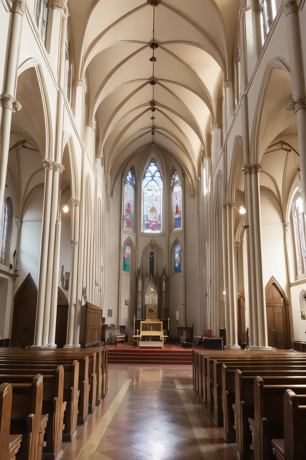 ((melhor qualidade)), ((Obra de arte)), Stained glass windows of a church in the background with chalices and a tabernacle below