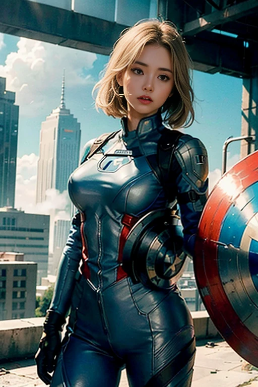 (1girl:1.3), solo, __body-parts__, official art, unified 8k wallpaper, super detailed, beautiful and aesthetic, beautiful, masterpiece, best quality, raw, masterpiece, super fine photo, best quality, super high resolution, photorealistic realism, sunlight, full-body portrait, amazing beauty, dynamic pose, delicate face, vibrant eyes, (from the front), she wears a futuristic Captain America jersey, blue color scheme, (holding a shield), A capital A on chest, very detailed abandoned warehouse background, detailed face, detailed complex busy background, messy, gorgeous, milky white, highly detailed skin, realistic skin details, visible pores, sharp focus, volumetric fog, 8k uhd, DSLR camera, high quality, film grain, fair skin, photo realism, lomography, huge metropolis in future dystopia, seen from below, translucent