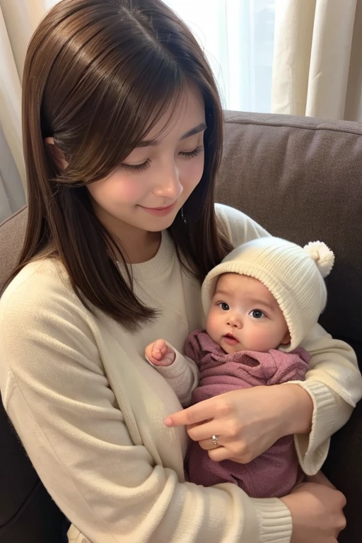 Caucasian、female、Brown Hair、Holding a baby