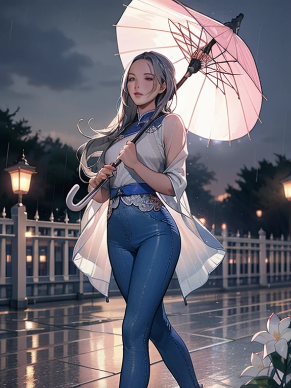 a girl in the rain playing with an umbrella, beautiful detailed eyes,beautiful detailed lips,extremely detailed eyes and face,longeyelashes, umbrella, blue denim leggings, masterpiece, ultra-detailed, realistic, photorealistic, photo-realistic:1.37, night, full moon, 1girl, woman, mature woman, chinese sisters, royal sisters, cold face, silvery long hair woman, pale pink lips, serene and intellectual 3-striped grey , assassin, lanterns, flowers, ball background, walking city scene, long hair shawl