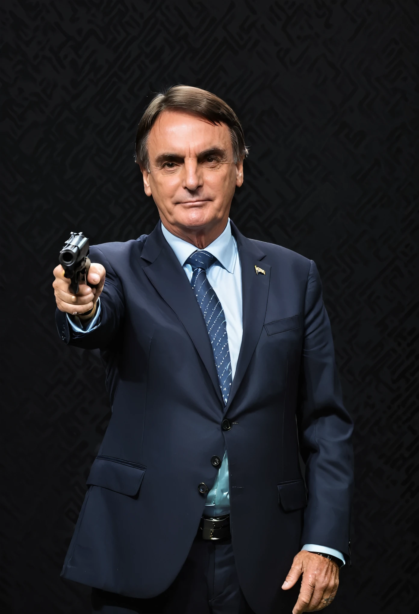 Bolsonaro making the L with his left hand, holding a gun with his right hand