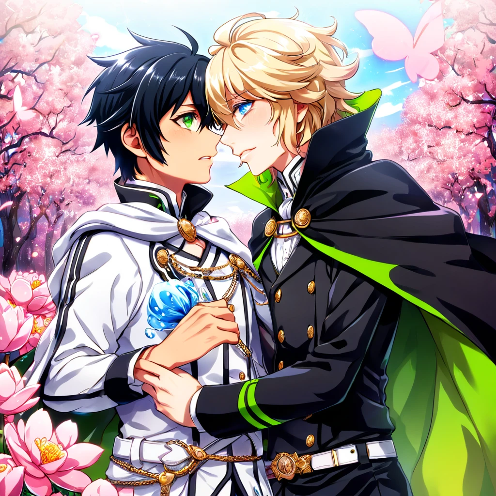 absurdres, highres, ultra detailed, HDR, master piece, best quality, Hyakuya Mikaela, blonde hair, expressive blue eyes, Owari no seraph, Hyakuya Yuichiro, black hair, expressive green eyes, two sexy men together, gay couple, yaoi, handsome, black clothes, white clothes, cape, magical, fantasy, shining, pink flowers, pink blossoms, pink butterflies, pink petals, water