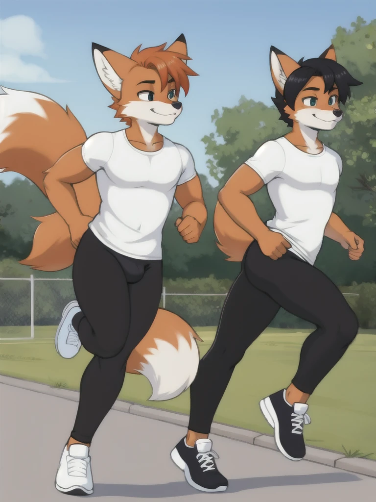 Furry, fox, male, twins, black leggings, white shirt, jogging outside the house, teen