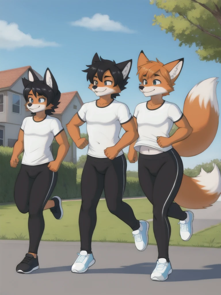 Furry, fox, male, twins, black leggings, white shirt, jogging outside the house,