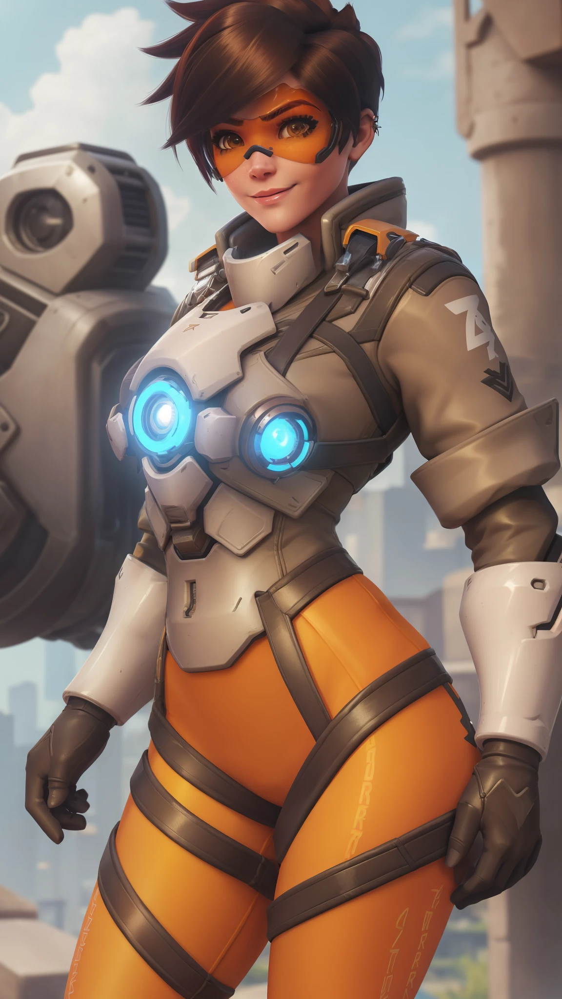 portrait of tracer, close up, gwen tennyson, tracer, overwatch, battle ruins, futuristic port, mecha pilot, bodysuit, wide hips, thick legs, brown short sleeve pilot jacket, orange lycra leggings, short hair, punk makeup, hazel eyes, multicolored brown hair, sexy smile, freckles, beautiful girl, large breasts, 8k,ultra detailed, realistic, fantasy art, cyborg armor, pilot uniform,(weather: windy), (visor, googles), view from behing,