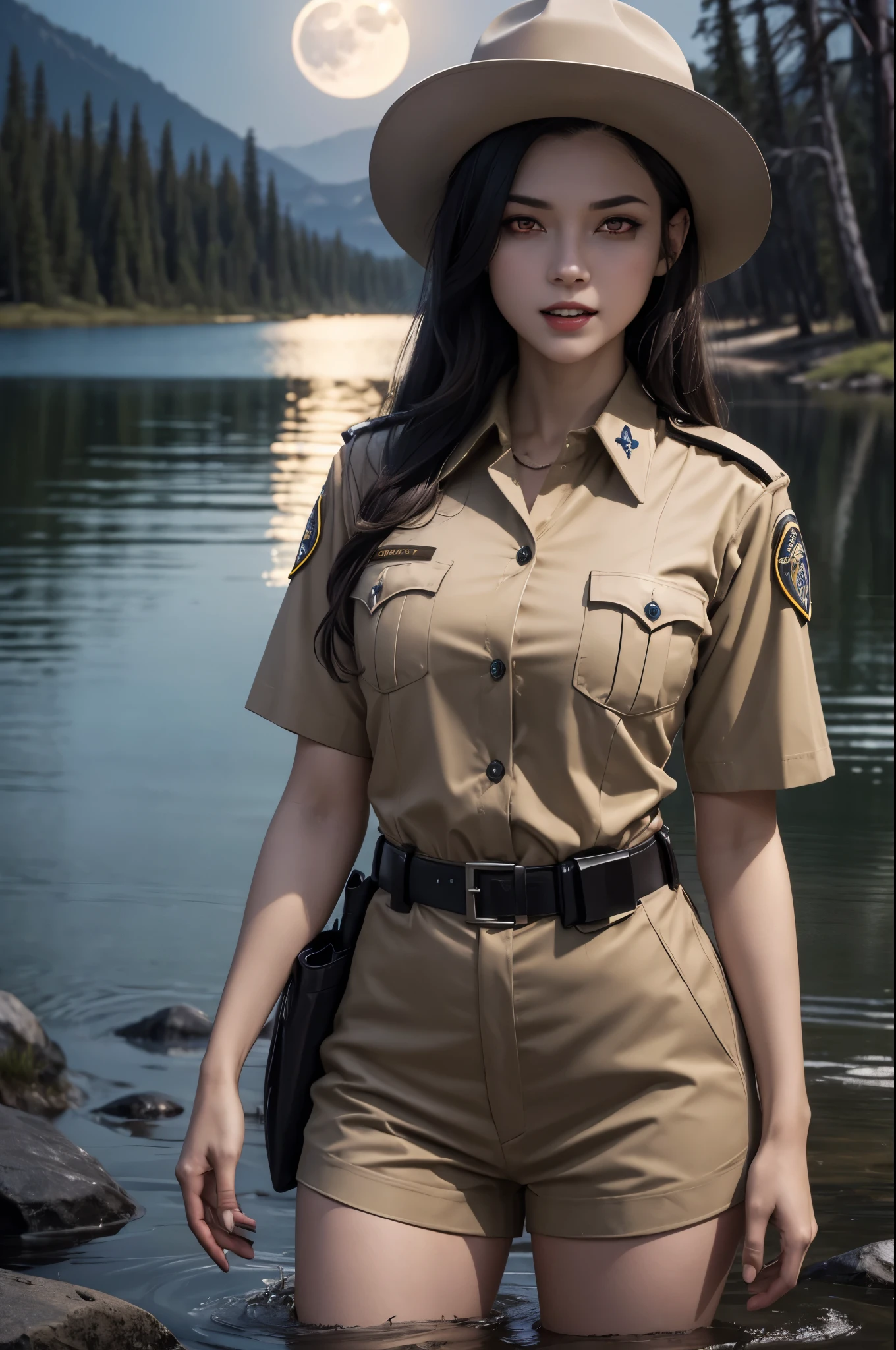 (((night, moonlight))) ((a deserted lake)) Vampire woman, (((red eyes and fangs))), pale skin, (((park ranger uniform, beige National Park uniform, short sleeves)))), ((sexy)), (open shirt), (open mouth, blood on mouth), (evil grin), looking at viewer, ((full figure)), (standing in lake), sopping wet, style of a painted book illustration, blues and purples, dramatic lighting, ((depth of field)), ((masterpiece)), ((best quality)), ((highly detailed)), horror theme