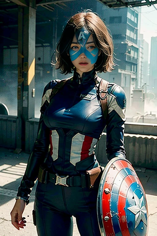 (1girl:1.3), solo, __body-parts__, official art, unified 8k wallpaper, super detailed, beautiful and aesthetic, beautiful, masterpiece, best quality, raw, masterpiece, super fine photo, best quality, super high resolution, photorealistic realism, sunlight, full-body portrait, amazing beauty, dynamic pose, delicate face, vibrant eyes, (from the front), she wears a futuristic Captain America jersey, blue color scheme, (holding a shield), A capital A on chest, very detailed abandoned warehouse background, detailed face, detailed complex busy background, messy, gorgeous, milky white, highly detailed skin, realistic skin details, visible pores, sharp focus, volumetric fog, 8k uhd, DSLR camera, high quality, film grain, fair skin, photo realism, lomography, huge metropolis in future dystopia, seen from below, translucent