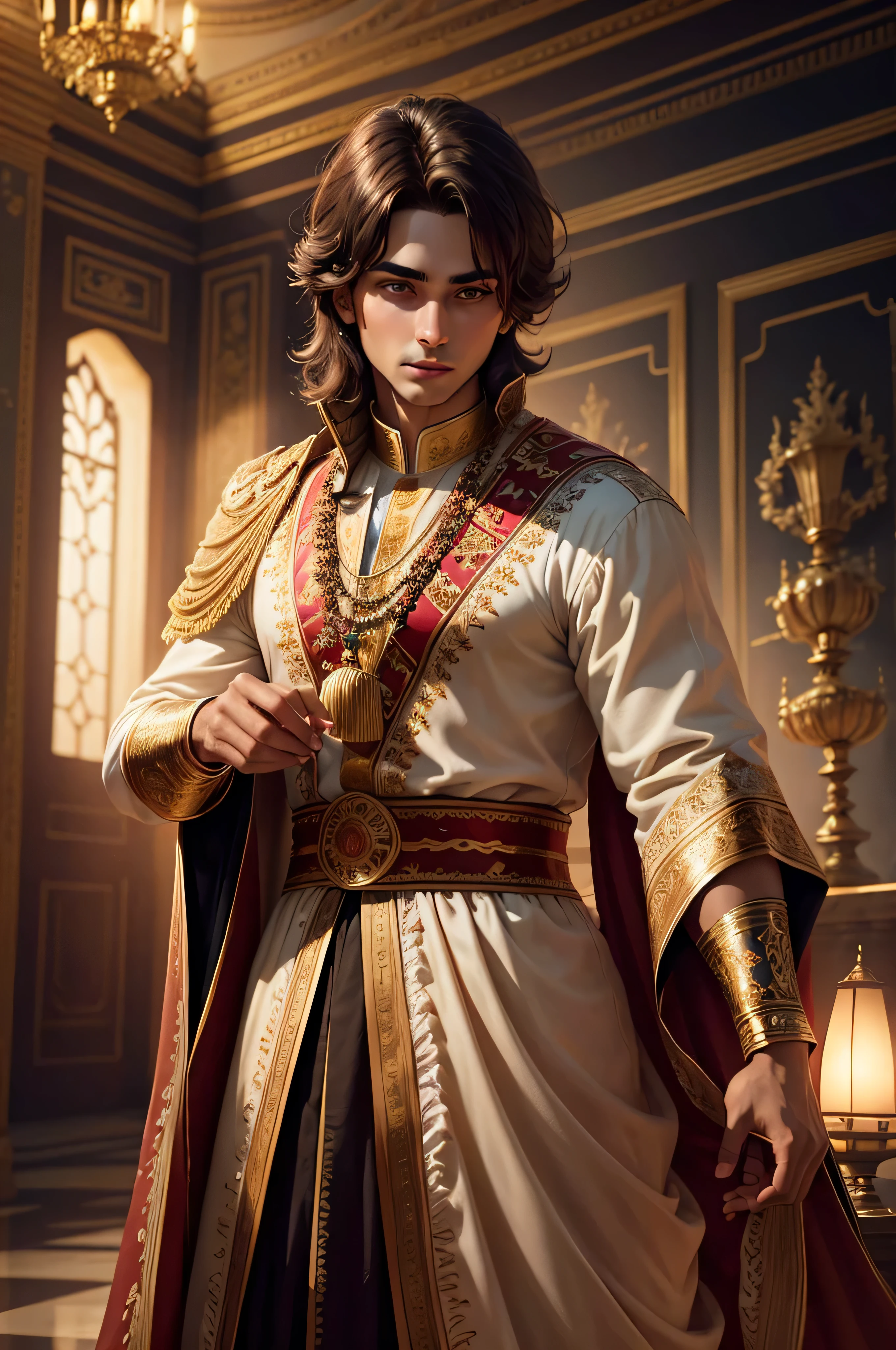 young prince in a palace, luxury royal palace, volumetric lighting, 8k resolution, photorealistic, ultra-high quality, opulent detailed background, medium length dark brown hair, wearing a fancy royal indian clothes