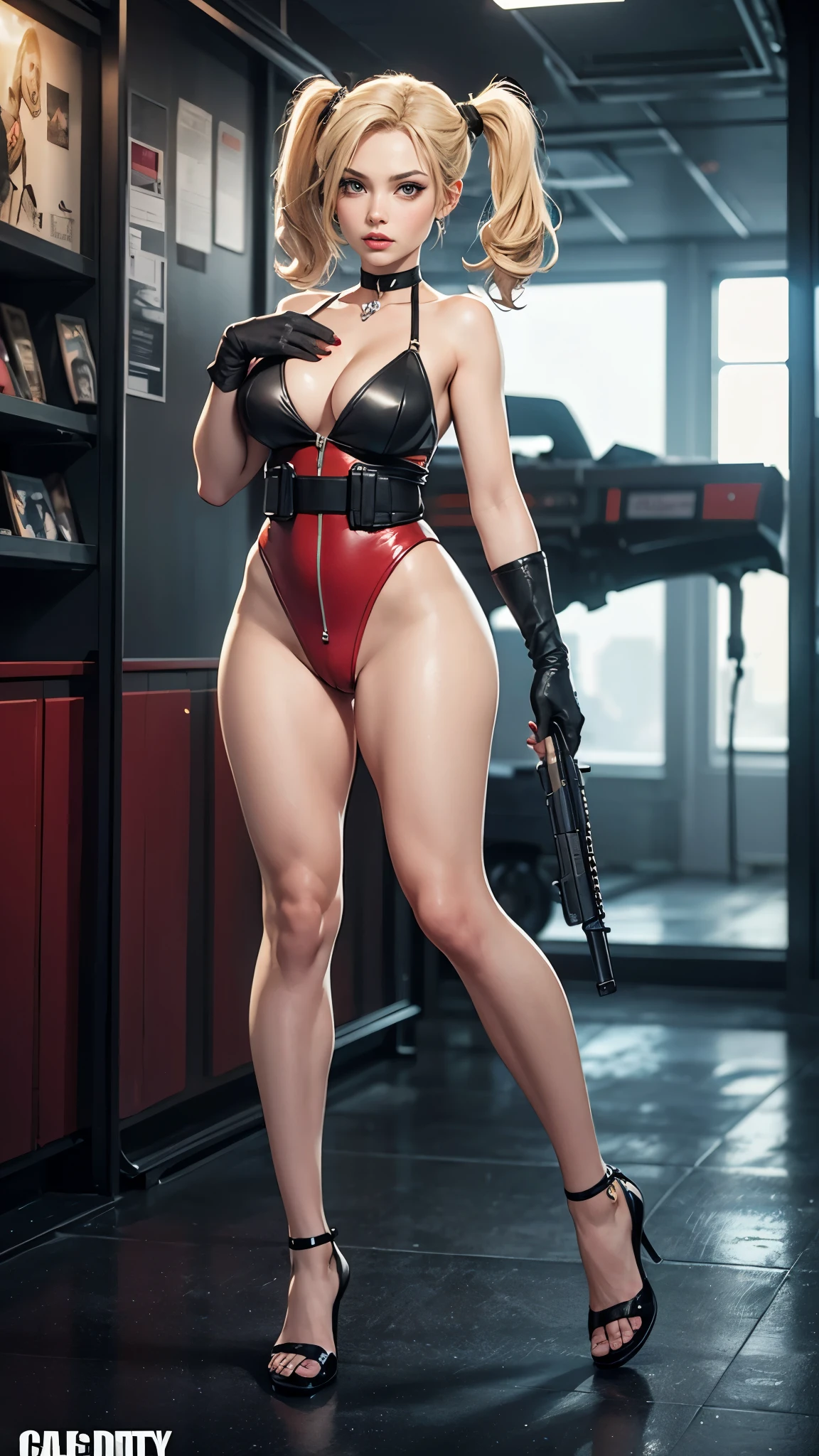 Jaime Pressly as Harley Quinn in Call of Duty operator game, Beautiful girl, Pretty eyes, Dark eyeshadow, busty, Cleavage, covered Nipples, Hairy Pussy, covered Vagina, Thick pubic hair, Thick thighs, Masterpiece, Best quality, Official art, Extremely detailed CG unity 8k wallpaper, Highly detailed, High quality textures, 8k resolution, Realistic, Depth of field, Full body, Frontal view, sexy pose, Call of Duty operator game outfit, choker, blonde pigtails, military, army,