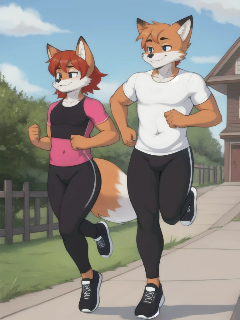 Furry, fox, male, twins, black leggings, white shirt, jogging outside the house, teen