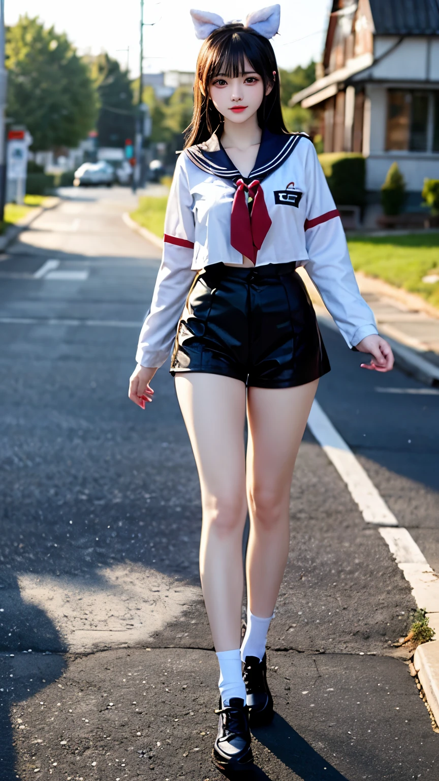 （Very delicate and beautiful：1.2）super model,,Big Breasts,Beautiful breasts,voluptuous,【bike shorts】,,【3girls】,,highest quality, High resolution, 8K,Sailor suit,Kick in a hurry