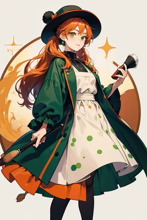 Marutentchi Sensei has light peach-colored skin and oval-shaped eyes with no white highlight. In the anime, she has brown irises. She wears a red floppy hat with black spots, and a black pom-pom at the tip. She wears a green suit under a yellow smock with red, orange, blue, and green spots. She also wears brown shoes. Some artwork depicts her with a paintbrush in one hand and a palette in the other. SPARKLE; GLITTER