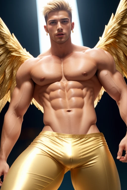 tall, pale, very handsome hunky ripped abs toned body young man with shoulder-length blond hair, shirtless, ribs, bony, glowing white eyes, gold earrings, big white massive wings, flying, full-length. Super duper bulge.
