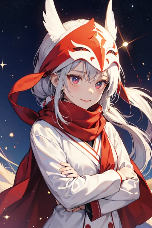 Masktchi appears to have a white body with a red mask and a scarf. She has stick legs and arms. Her eyes are not normally visible, as half of her head is covered. When she's happy, her eyes and mouth can be seen. SPARKLE; GLITTER