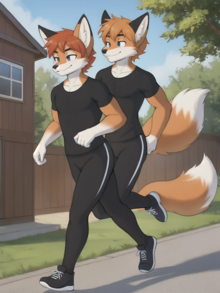 Furry, fox, male, twins, black leggings, white shirt, jogging outside the house,