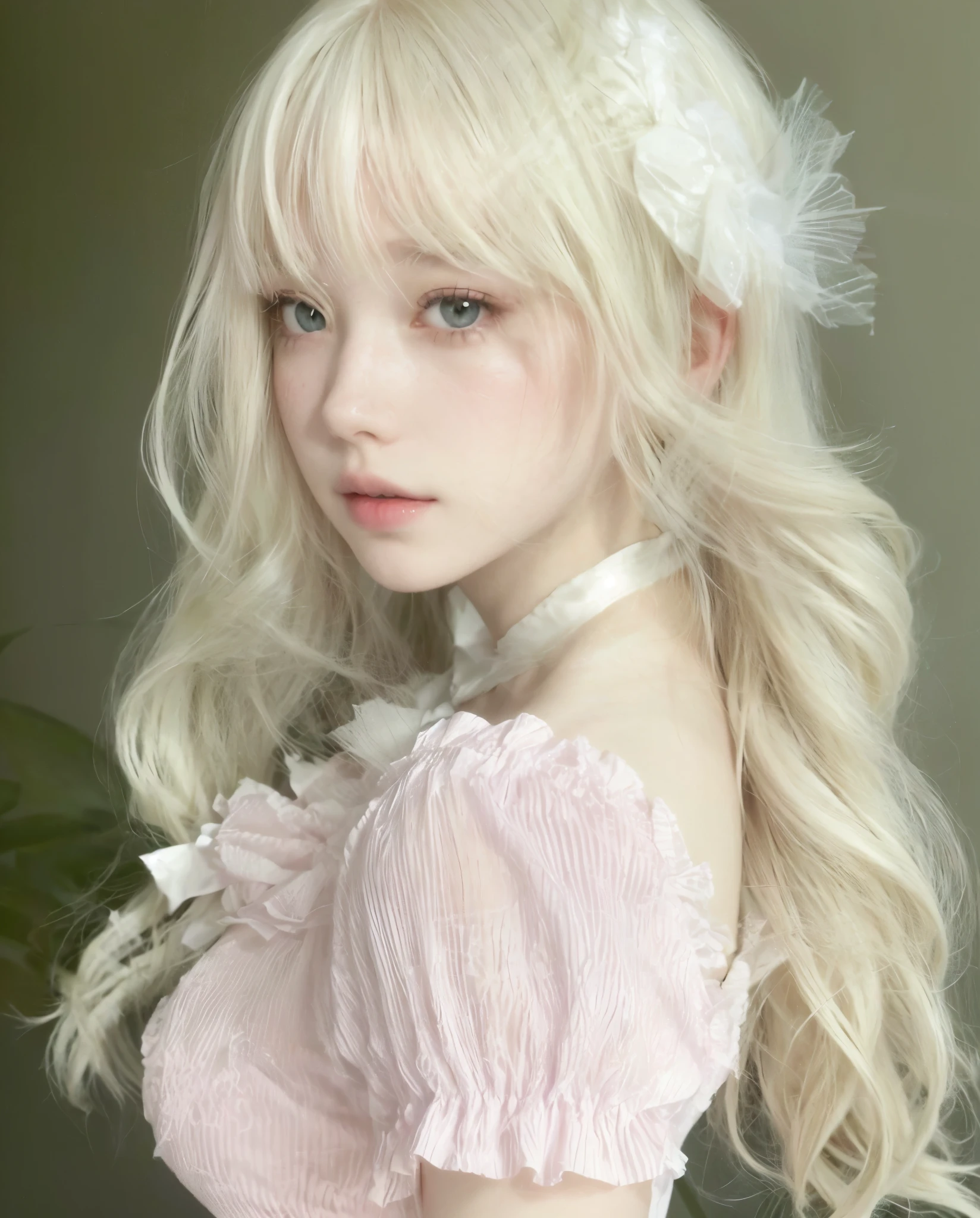 Un primer plano de una mujer con cabello largo y rubio con un vestido rosa, peinado de corte hime blanco, pelo largo y blanco y flequillo, con el pelo largo y blanco, con pelo largo y blanco, bella delfina, extremely pale blonde hair, chica anime en la vida real, chica con pelo blanco, pale milky white porcelain skin, pale porcelain white skin, chica anime rubia con pelo largo