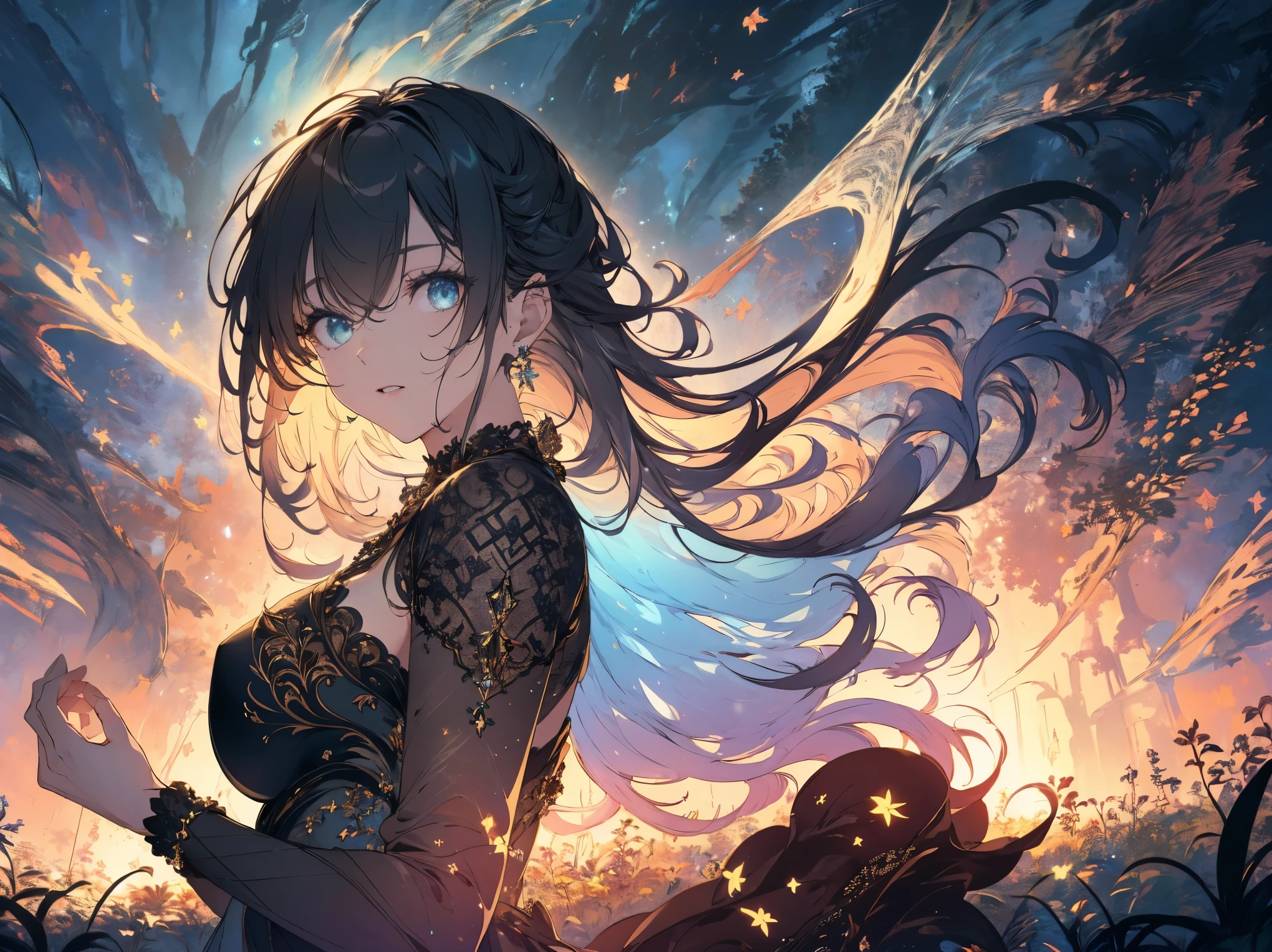 (Landscape photo, with a woman in the bottom right of photo:1.5, in dark forest:1.5, fantasy), Masterpiece, best quality, (very detailed CG unity 8k wallpaper), (best quality), High definition RAW color art, Animation,sculptures, blown Skin, (((Ultra detailed elegant))), Magical atmosphere, Detailed skin, Texture,(Intricately detailed, Fine detail, ultra-detail art), depth of fields, Bokeh, Silky Touch, Hyper Detail, beautiful eyes, elegant face, (upper body focus), sparkle background, blown hair, The wind is blowing, micro bikini:1.3, portrait, bracelet