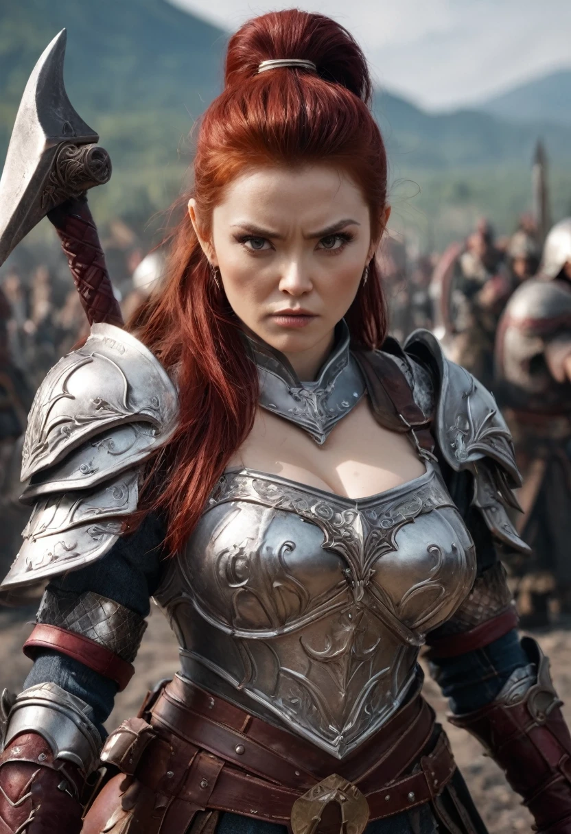 ８ｋ、Masterpiece: A dwarf woman with dark red hair, Wearing silver armor, Big Breasts,Bust Shot、With a big battle axe