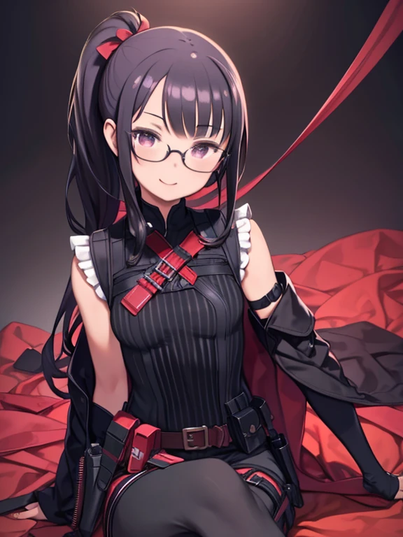 Super detailed, masterpiece, highest quality, alone, A proud smile, Sitting, Crossing your legs, Audience Room, Red Banner, One girl, Purple eyes, Red frame glasses, (Black Hair, Red color tip:1.2), Red striped hair, Very long hair, Side Ponytail, Tied Hair, Medium chest, Coat on shoulders, Red dress, Rolled up my sleeves, Fingerless gloves, holster, belt, multiple belts, Combat Boots, Bulletproof vest, pants, Black coat, Tactical clothing,