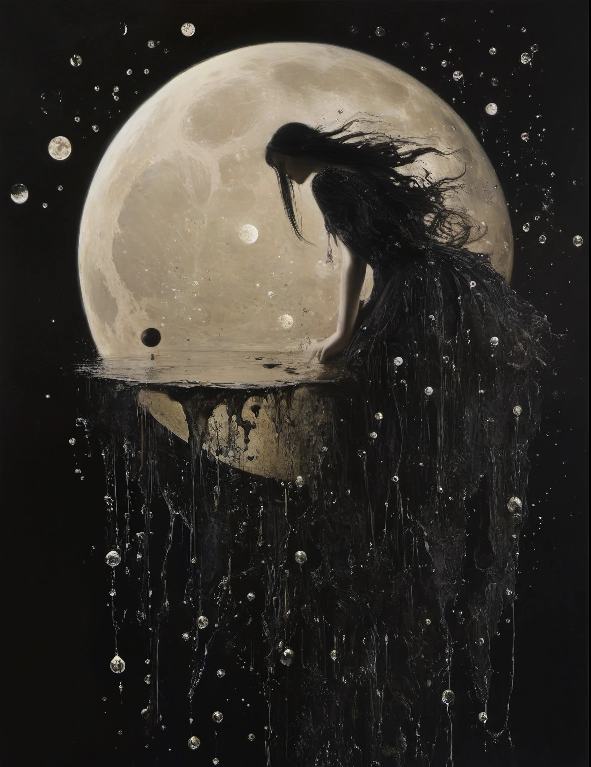 James Gurney, Surrealist art , dream-like, Mysterious, Provocative, symbolic, Complex, detailed,, (Gothic but very beautiful:1.4), (masterpiece, highest quality:1.4) , Nicola Samori Style、moon、Water bubbles