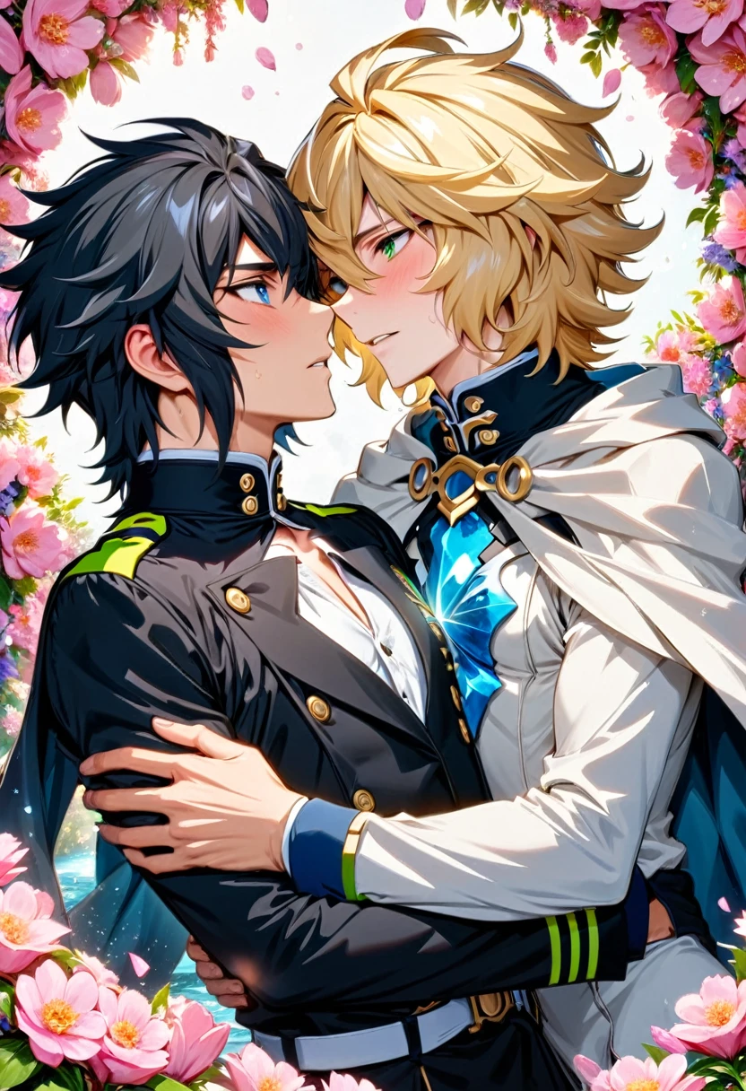absurdres, highres, ultra detailed, HDR, master piece, best quality, Hyakuya Mikaela, blonde hair, expressive blue eyes, Owari no seraph, Hyakuya Yuichiro, black hair, expressive green eyes, two sexy men together, gay couple, yaoi, handsome, black clothes, white clothes, cape, magical, fantasy, shining, pink flowers, pink blossoms, pink butterflies, pink petals, water
