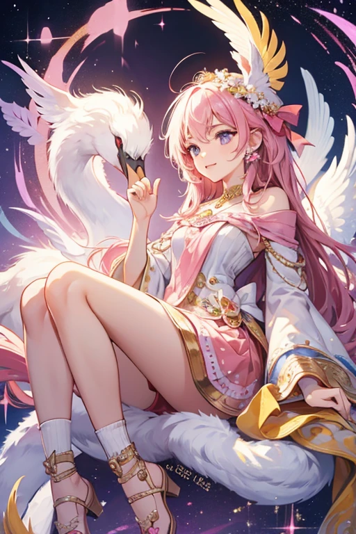 Mayantchi is a swan with a yellow beak and pink and purple bow on their head. SPARKLE; GLITTER