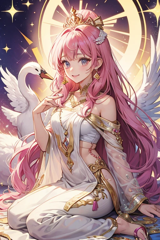 Mayantchi is a swan with a yellow beak and pink and purple bow on their head. SPARKLE; GLITTER
