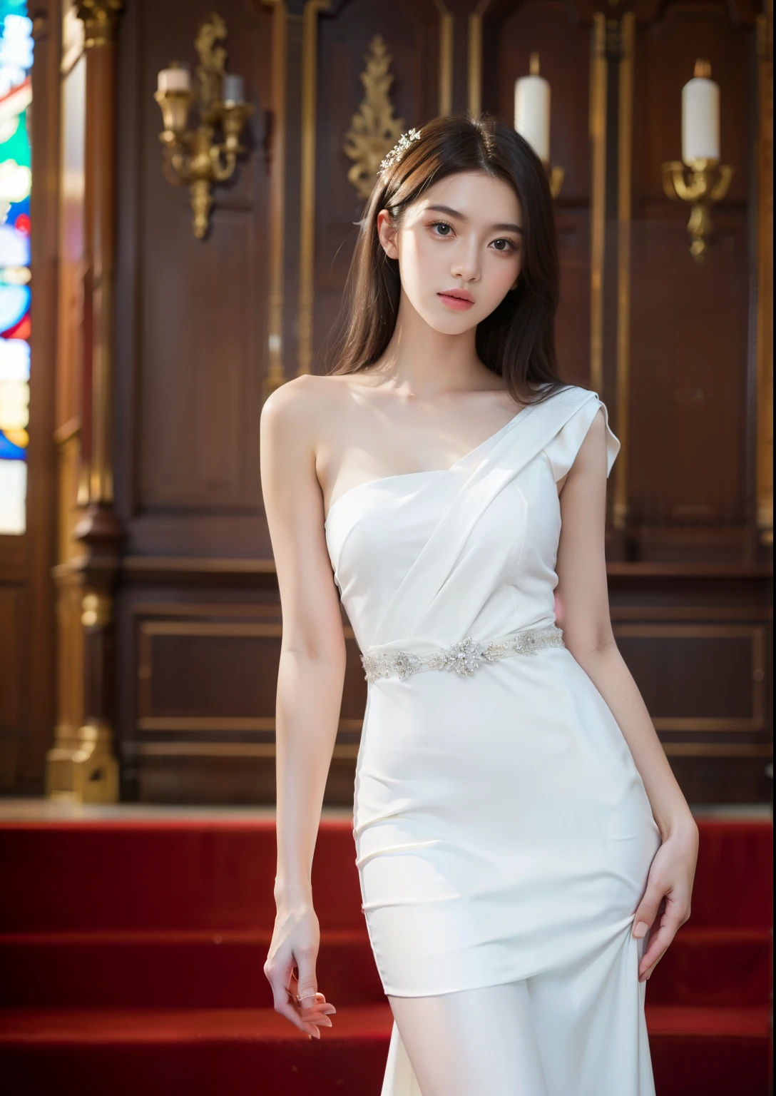 Beautiful 25 year old tall and slender woman。perfect legs. perfect face. She is fashion model. She is staying in the old classic church. She is wearing a wedding dress. Her one leg is visible and the other is hidden by the dress. She is illuminated by sunset light. the evening church lights is on . her dark brawn hair. High resolution、masterpiece、highest quality、頭w:1.0、((Hasselblad Photos))、fine skin、(movie lighting)、clavicle . full body picture.