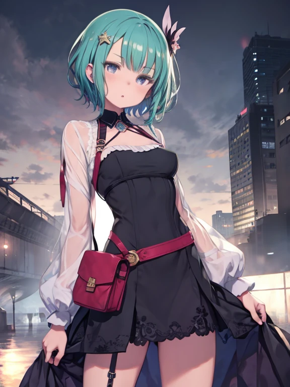 One girl, Purple eyes, Aqua Hair, short hair, Hair Clip, hair ornaments, Thigh pouch, Thigh holster, collarbone, collar, button, dress, Absurd, ultra detailed, masterpiece, highest quality, beautiful, detailed,