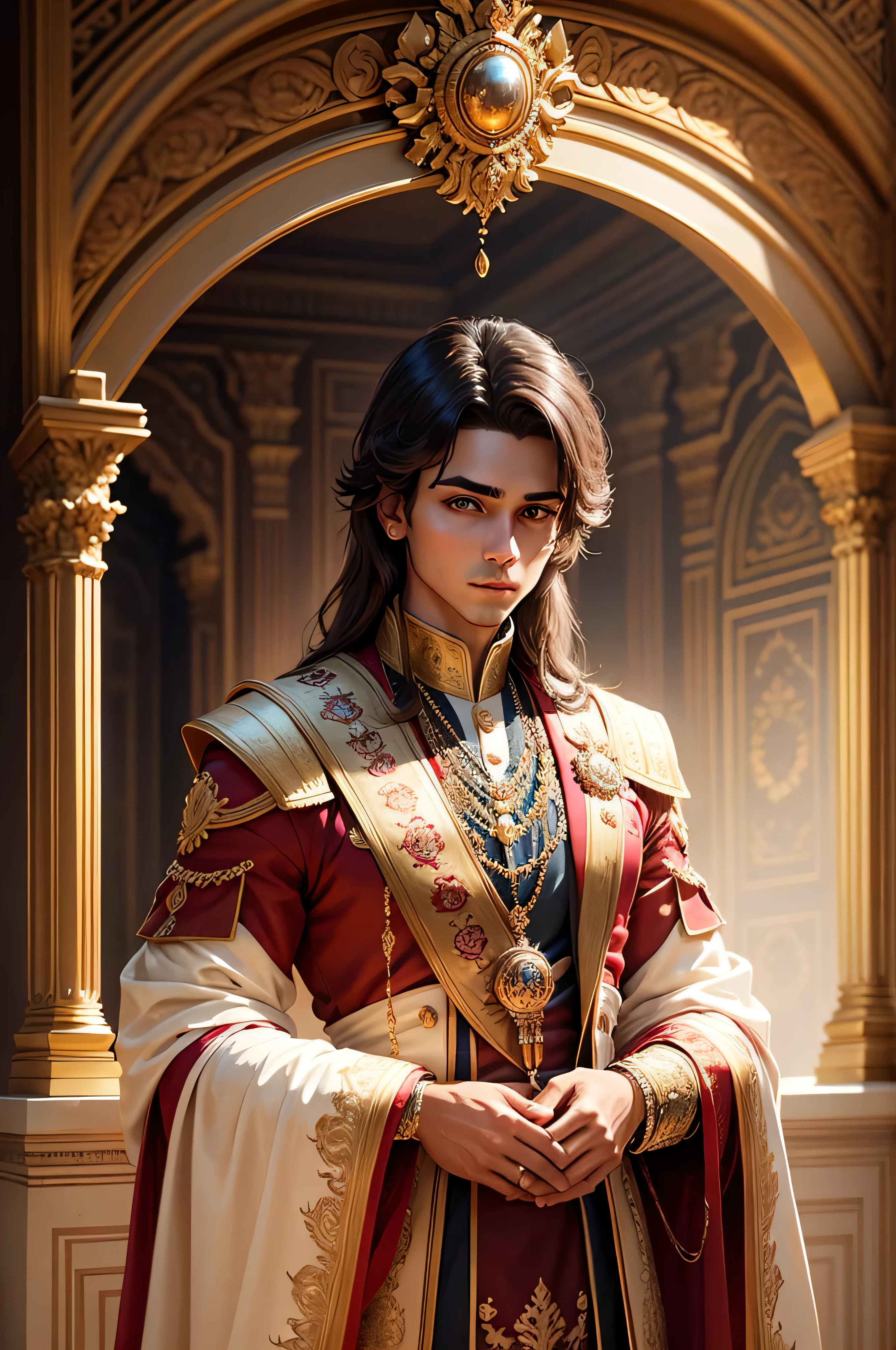 young prince in a palace, luxury royal palace, volumetric lighting, 8k resolution, photorealistic, ultra-high quality, opulent detailed background, shoulder length dark brown hair, wearing a fancy royal indian clothes