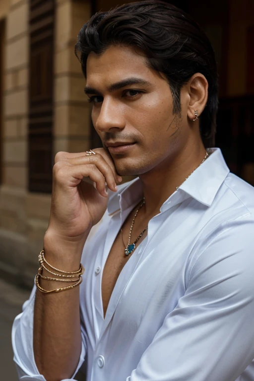 a man in a suit wearing homemade jewelry on the wrist of his hand, destaca el lugar donde esta usando la bisuteria