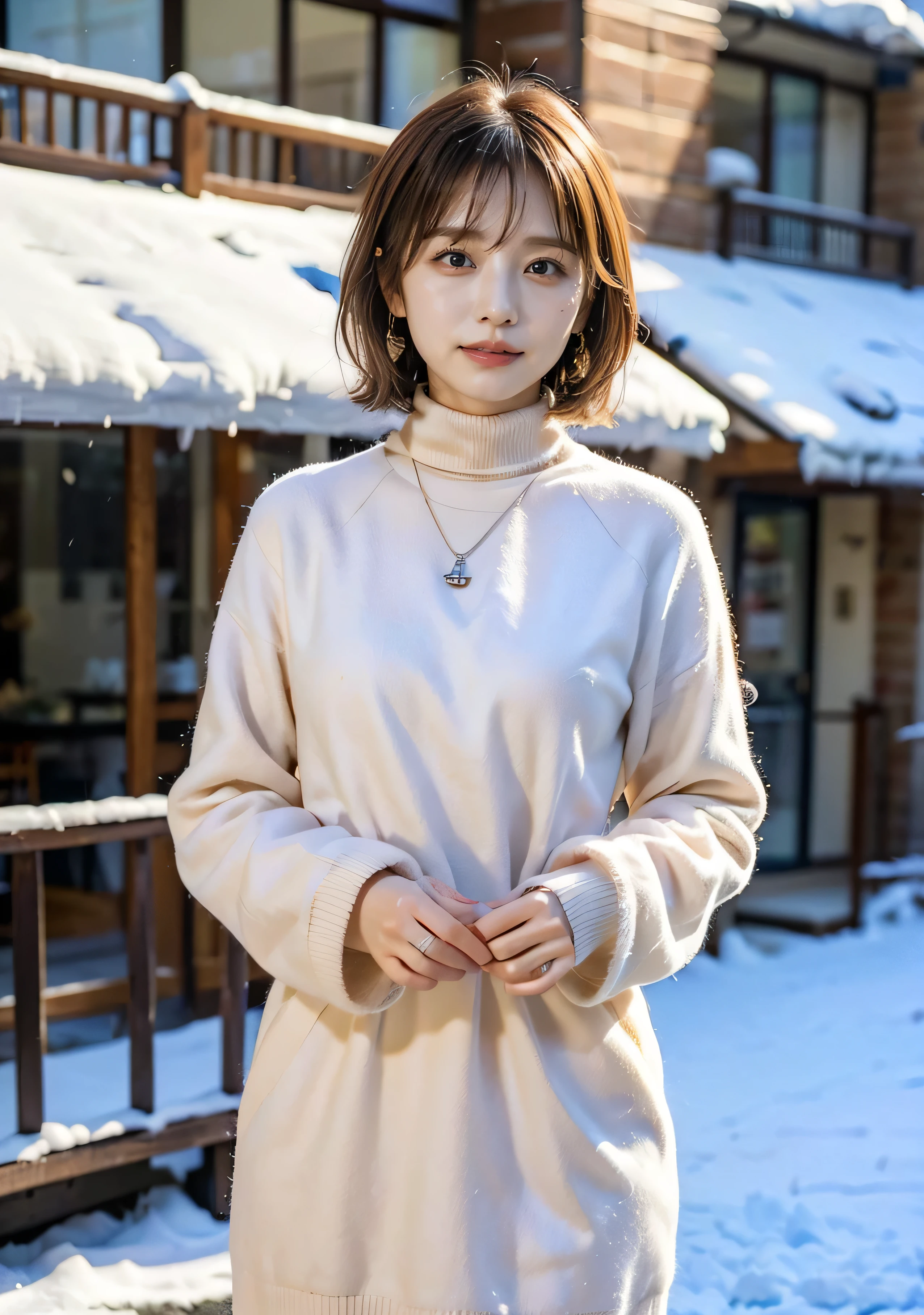 It's snowing、A luxurious grey mink coat with fur、Wearing leather boots、A luxurious bag、The inner turtleneck、Silver necklace and small silver earringillionaire Style:1.4))、Full body photo、smile、 Caustics、Highly detailed photos、Very beautiful woman 、Ample breasts、No makeup、(8k、RAW Photos、highest quality、masterpiece:1.2)、(Realistic、Realistic)、1 girl、((Medium Short Hair、Midwinter、Cold region Snow is falling、The wind is blowing、Fluttering Hair、Background Bokashi、Colorful illumination、Looking into the camera:1.4))、