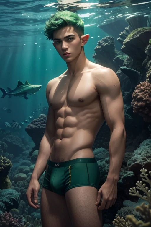 handsome teenage seasprite wearing green jockstrap, very short green hair, pointy ears, deep underwater scene 