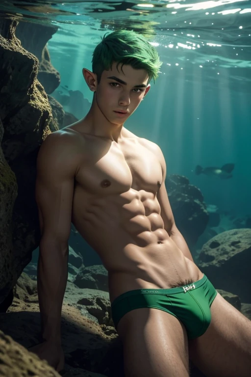 handsome teenage seasprite wearing green jockstrap, very short green hair, pointy ears, deep underwater scene 