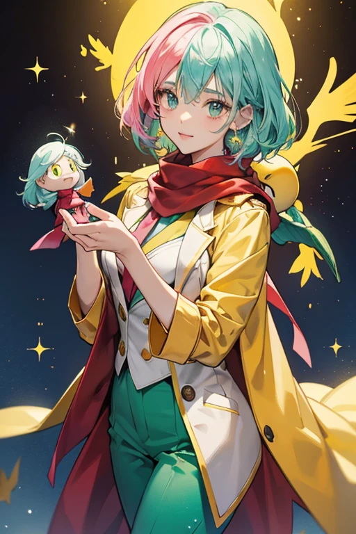 she has a humanoid body type with a large head, beady eyes, and a yellow beak, with a unibrown and a green leaf on top of her head. sHe wears a pink suit with a green tie and light blue pants. sHe is often seen holding two puppets, which both have light blue heads, poofy yellow hair, pink dresses, and yellow wing-like arms. The left-hand puppet wears a red scarf, and the right-hand puppet wears a blue scarf. SPARKLE; GLITTER