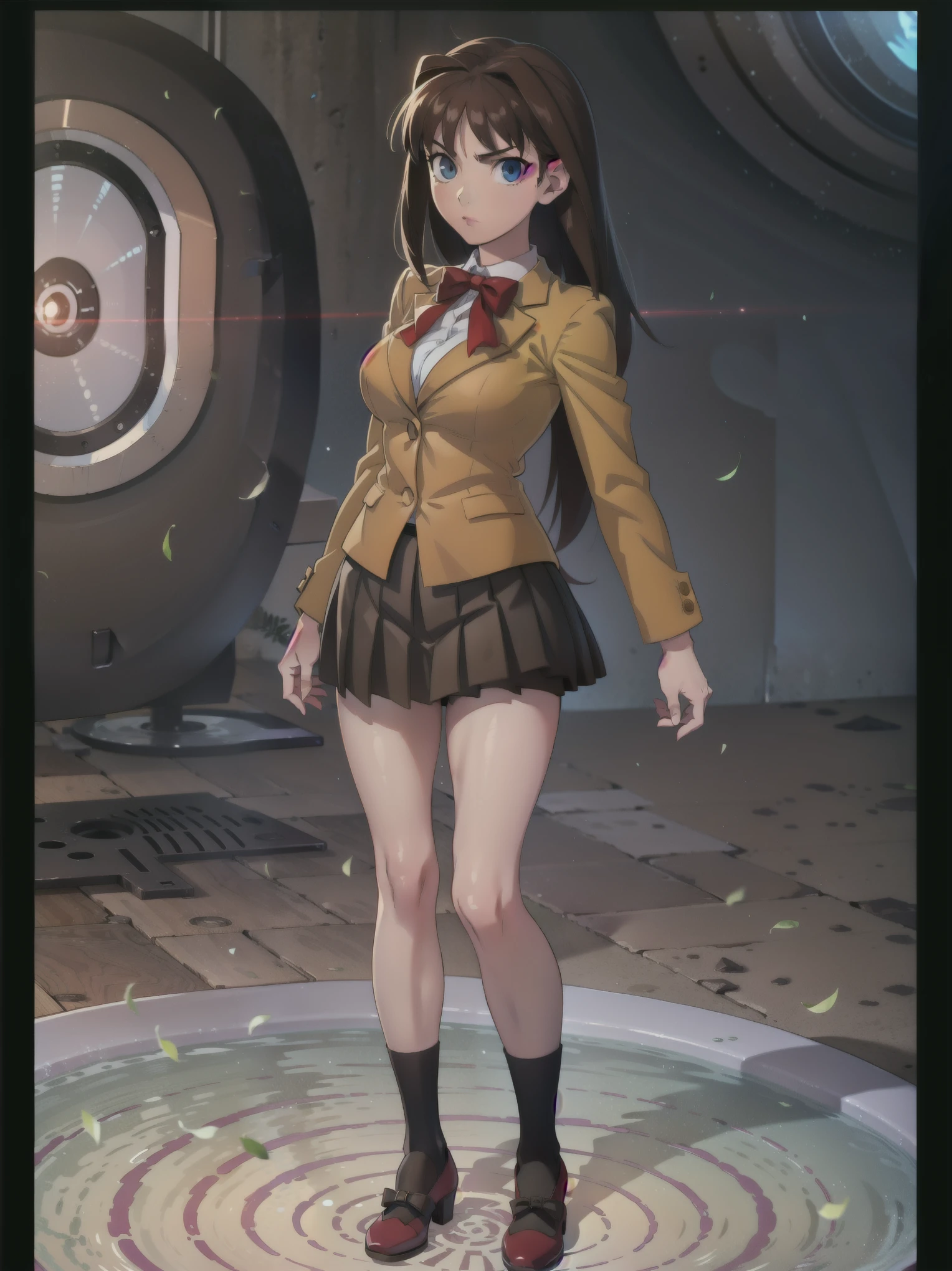 BREAK, centered, BREAK, (EMPTY BACKGROUND), BREAK, (masterpiece), best quality, highest resolution, 8k, illustration, (beautiful detailed eyes:1.5), extremely detailed face, extremely detailed body, CG, perfect hands, perfect anatomy, ((1girl)), ((solo)), (((bbaoko))), ((2 legs max)), ((2 feet max:1.5)), ((swirling vortex shaped longest brown hair:1.5)), (brown longest hair with slightly reddish undertone:1.6), (lush luscious longest brown hair:1.6), (very long voluminous longest brown hair:1.5), serious, blue eyes, red bowtie, (Form-fitting beige blazer:1.5), brown jacket, (highly detailed beautiful face:1.2), (white shirt:1), (well shaped large breasts:1.6), (nice hips:1), pretty legs, ((Umber pleated skirt:1.6)), ((bkshrt:1.5)), (toned visible skin thighs:1.6), ((bkshrtus:1.5)), (strap shoes brown color), (facing front:1.5), ((standing straight:1.5)), ((Fullbody in frame:1.5)), ((Full body:1.5)), (takeuchi takashi:1.3)