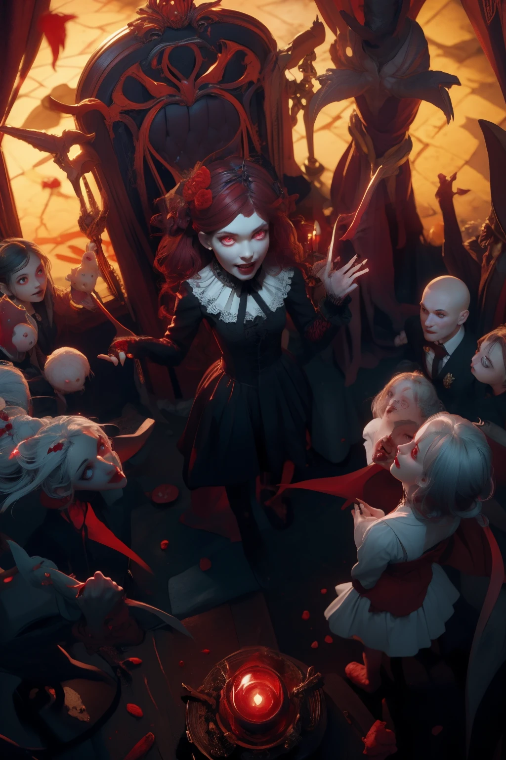 All childrens vampire hungry,red haired,creepy red eyes,fangs,pale skin,red wine claws,creepy white dress,bed,children,vampire,thin body,nice hands,nice fingers,nice legs,nice mouth,nice face,nice body,perfect anatomy,creatures, game, creature, best quality, trending on artstation,vampire infected,goth,lurid,view from above,looking up,hands up,mouth blood