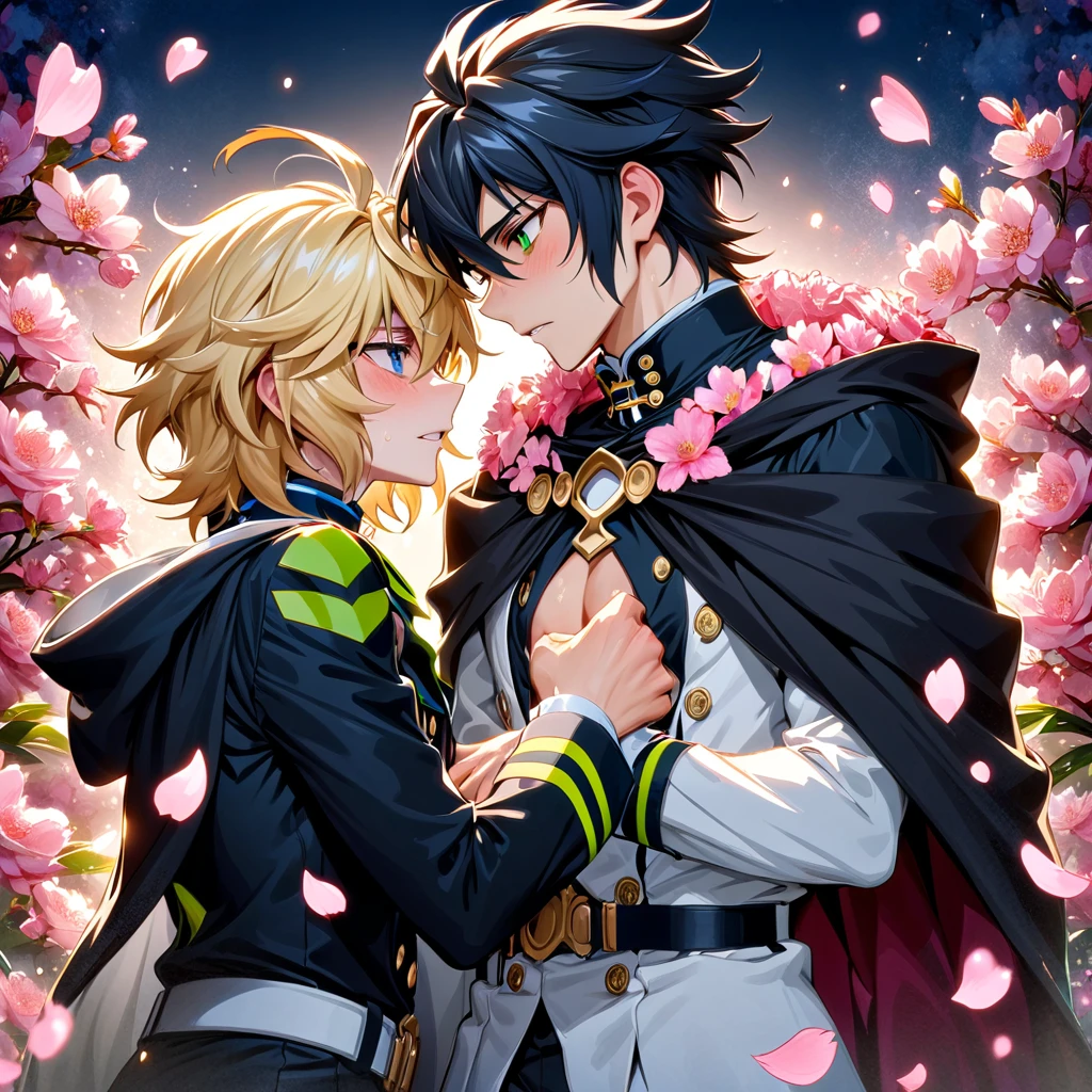 absurdres, highres, ultra detailed, HDR, master piece, best quality, Hyakuya Mikaela, blonde hair, expressive blue eyes, Owari no seraph, Hyakuya Yuichiro, black hair, expressive green eyes, two sexy men together, gay couple, yaoi, handsome, black clothes, white clothes, cape, magical, fantasy, shining, pink flowers, pink blossoms, pink butterflies, pink petals, water