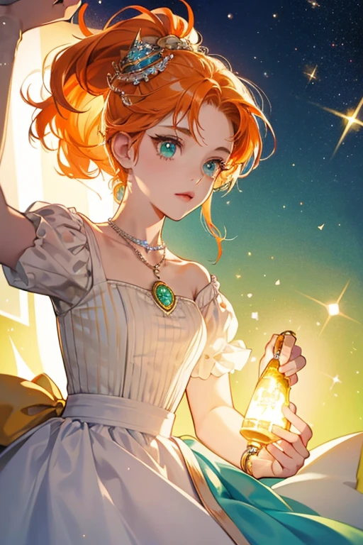 Megamitchi appears to be based on a candle and the Statue of Liberty. She has light cream-colored skin, and her eyes are blue and with Memetchi-like sparkles. She has orange hair and a flame on top of her head. She wears a cream dress and a necklace with pink, yellow, green, and blue beads. She holds a torch in her left hand. SPARKLE; GLITTER