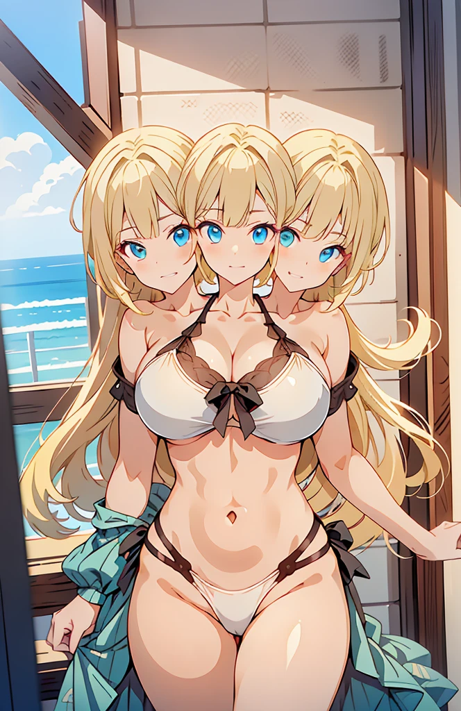 (masterpiece),(ultra-detailed), (high quality), (high resolution), (best quality:1.5, highres, UHD), highres, absurdo, ultra detail, ultra quality, Ultra resolution, 16k, 1girl, (2heads:1.5), girl with two heads, ((blonde hair:1.5)), seductive grin, casual dress, sexy proportions, (exposed midriff), thighs, Beautiful girl with accentuated slender abs, ((seductive posture)), ((white bikini)), ((different hairstyles)), different haircuts, (long hair), ice blue eyes, exposed midriff