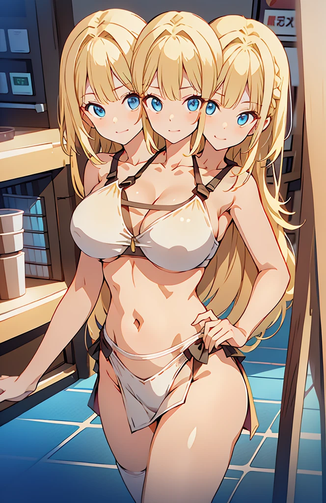 (masterpiece),(ultra-detailed), (high quality), (high resolution), (best quality:1.5, highres, UHD), highres, absurdo, ultra detail, ultra quality, Ultra resolution, 16k, 1girl, (2heads:1.5), girl with two heads, ((blonde hair:1.5)), seductive grin, casual dress, sexy proportions, (exposed midriff), thighs, Beautiful girl with accentuated slender abs, ((seductive posture)), ((white bikini)), ((different hairstyles)), different haircuts, (long hair), ice blue eyes, exposed midriff