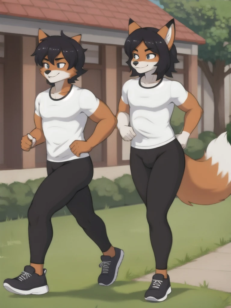 Furry, fox, male, twins, black leggings, white shirt, jogging outside the house, teen