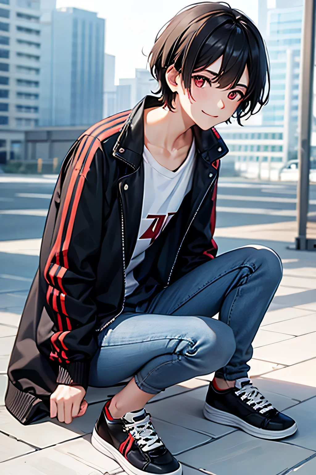 Adolescent male with disheveled black hair, red eyes, white skin, smiling, rebellious, black jacket, blue shirt, blue jeans, black tennis shoes.