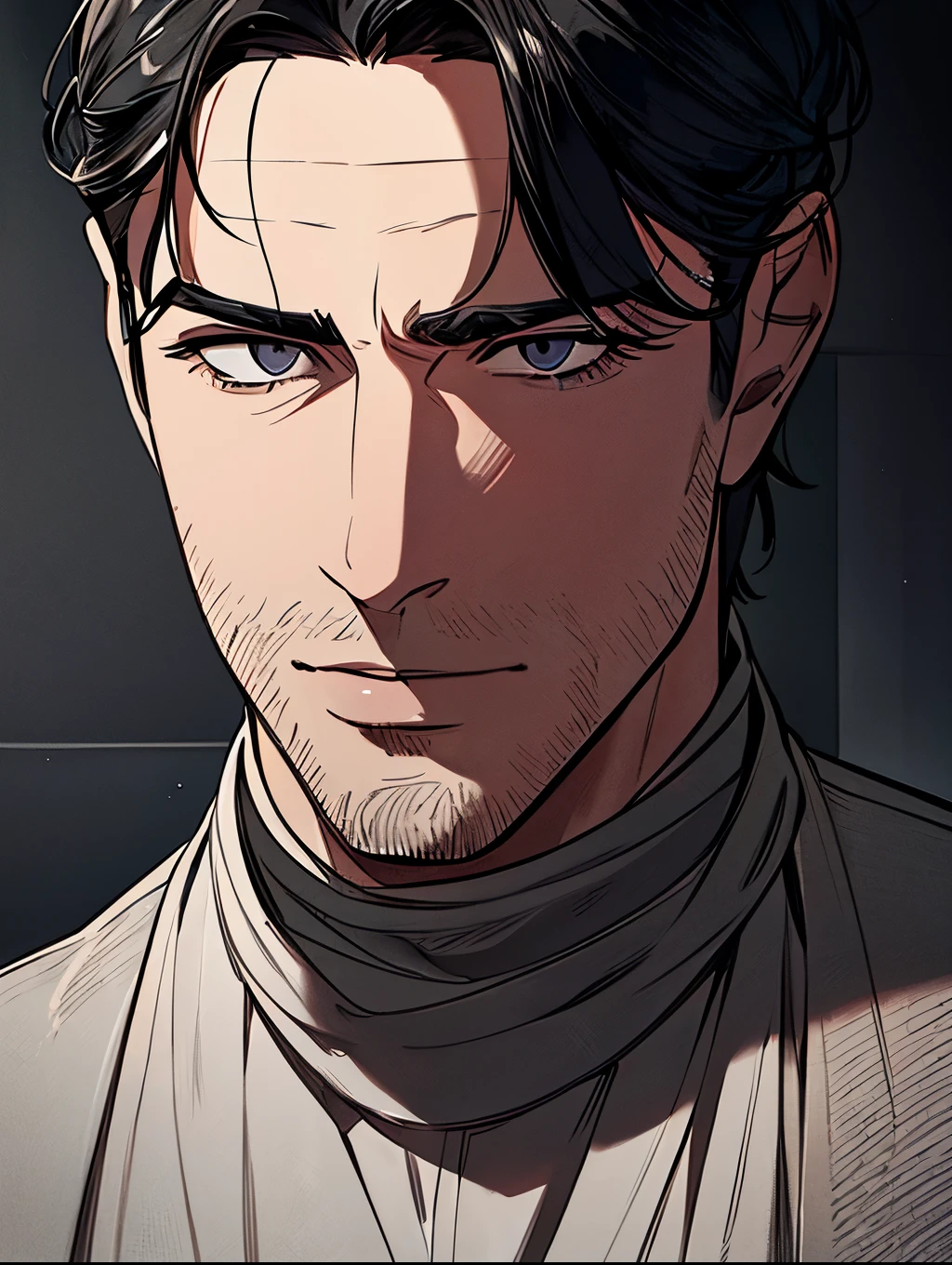 a handsome 40 year old man, short black hair, cold grey eyes, cold expression, arrogant, wealthy, wearing a black suit, detailed face, detailed eyes, detailed nose, detailed lips, intricate details, cinematic lighting, dramatic chiaroscuro, realistic, photorealistic, highly detailed, 8k, sharp focus, masterpiece, studio lighting, physically-based rendering