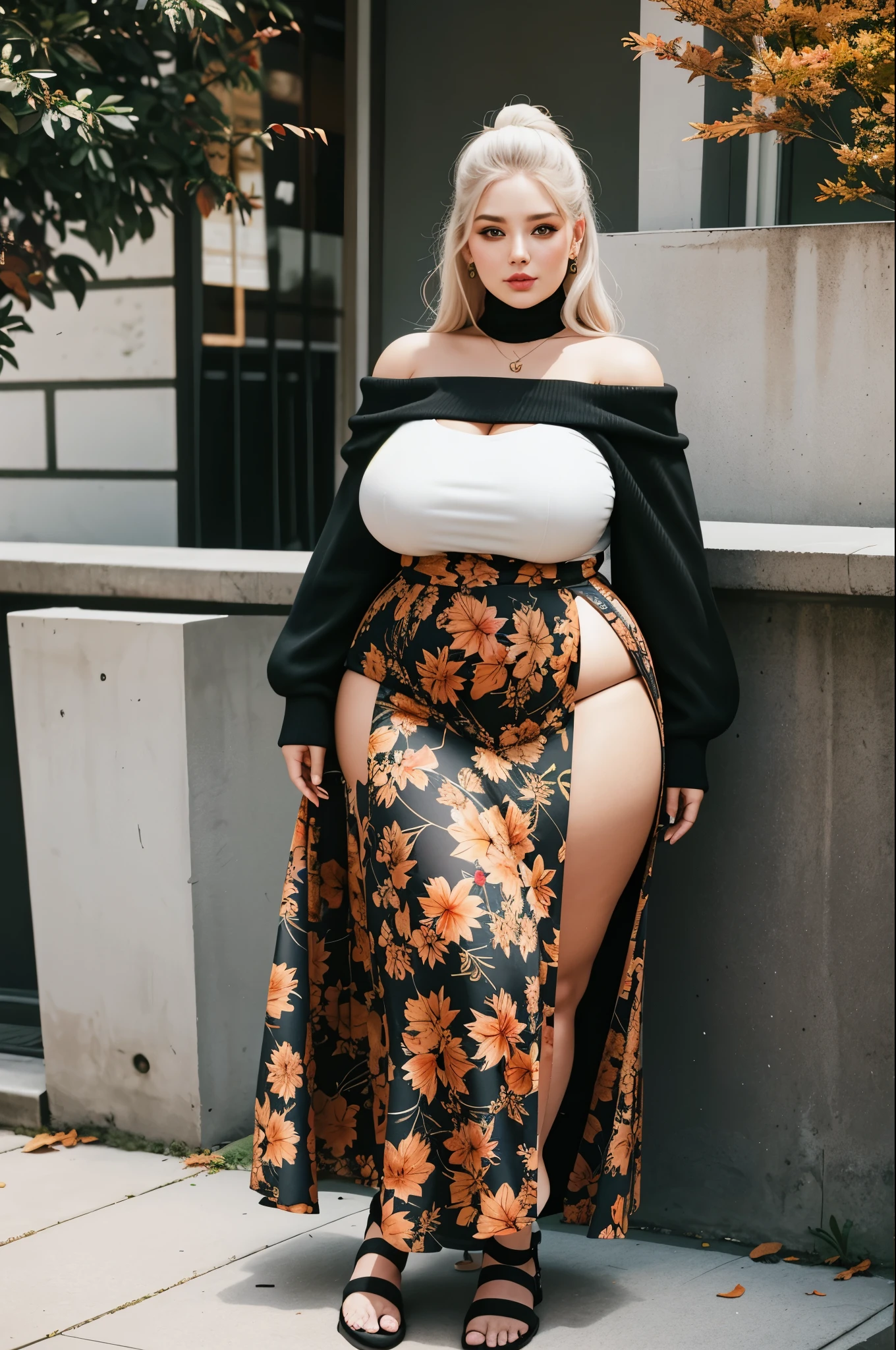 2 girls,  girls freinds group , ((Masterpiece, best quality,edgQuality)), smug,smirk,
edgADC_fashion,
long dress, autumn leaves print,sandals,off shoulder turtleneck
,wearing edgADC
(big booty) (face here) Plus size bbw big , (wide booty)insanely inflated hips,Thick body ,fat body , curve shap body, widest hips , thick hips ,widest breast,  thick breast