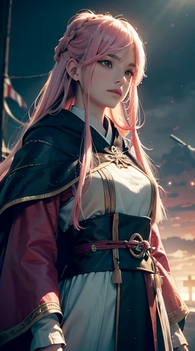 (Raw photo, Best Quality), (Realistic, Photorealsitic:1.3),Best Quality,Highly detailed,masutepiece,Ultra-detailed,Illustration ,Victory
,1 pink-haired girl archmage,long hair, (wear a Ancient Nordic style costumes),the cornrow hairstyle,
Wear a chic cloak, Japanese girl, Standing at the top of the hill , Dynamic Angle,world masterpiece theater,Messy_long_hair,Best Quality,the Extremely Detailed CG Unity 8K Wallpapers,inky,amazing,Cinematic lighting,lens_f lare, revolution_Style,