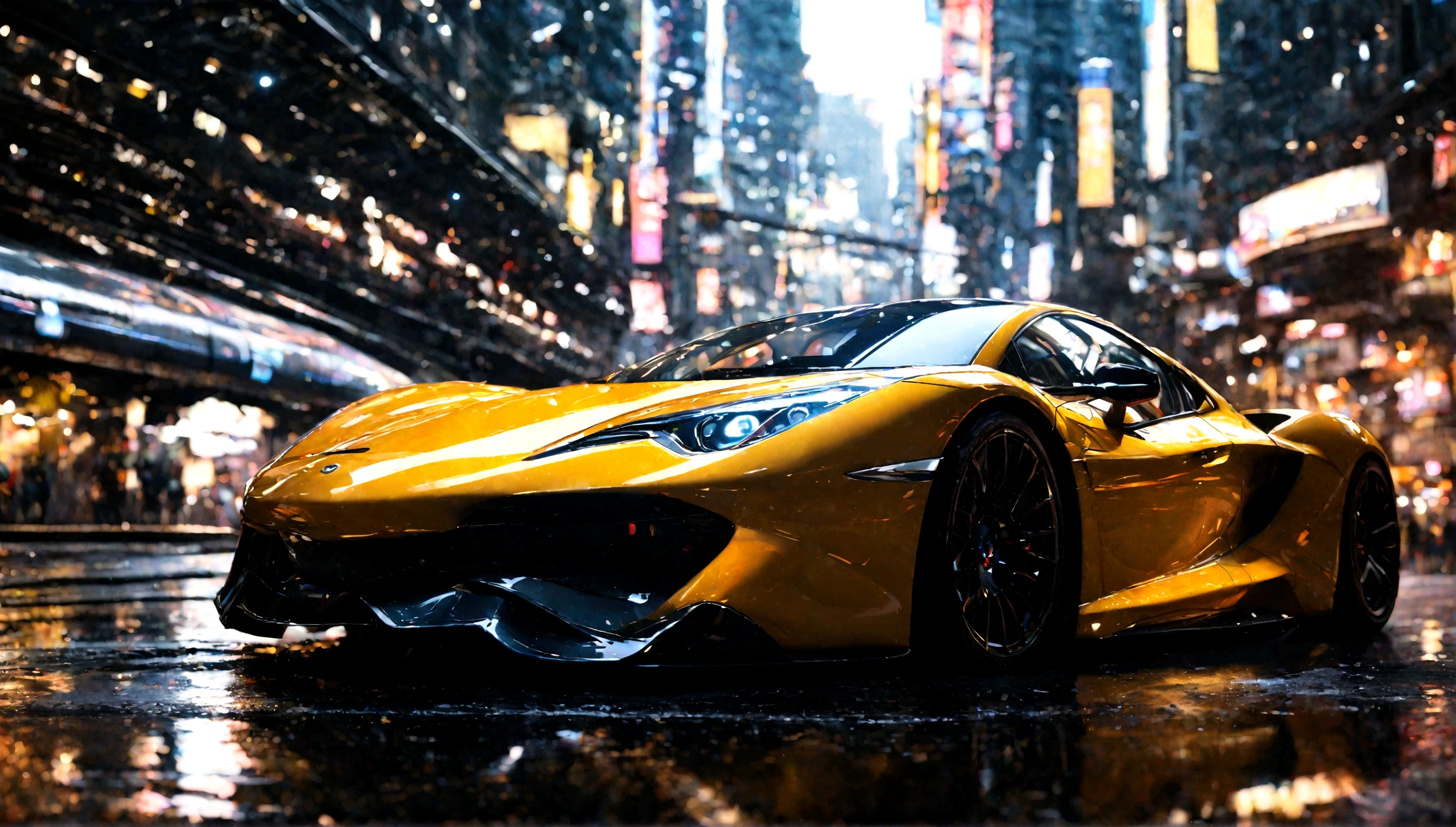 a beautiful yellow supercar, city of tokyo in the background, detailed high resolution photo, cinematic lighting, 8k, photorealistic, dynamic composition, vibrant colors, reflection on the car body, depth of field, realistic textures, intricate details, sleek design, futuristic architecture, ultrawide angle, dramatic sky
