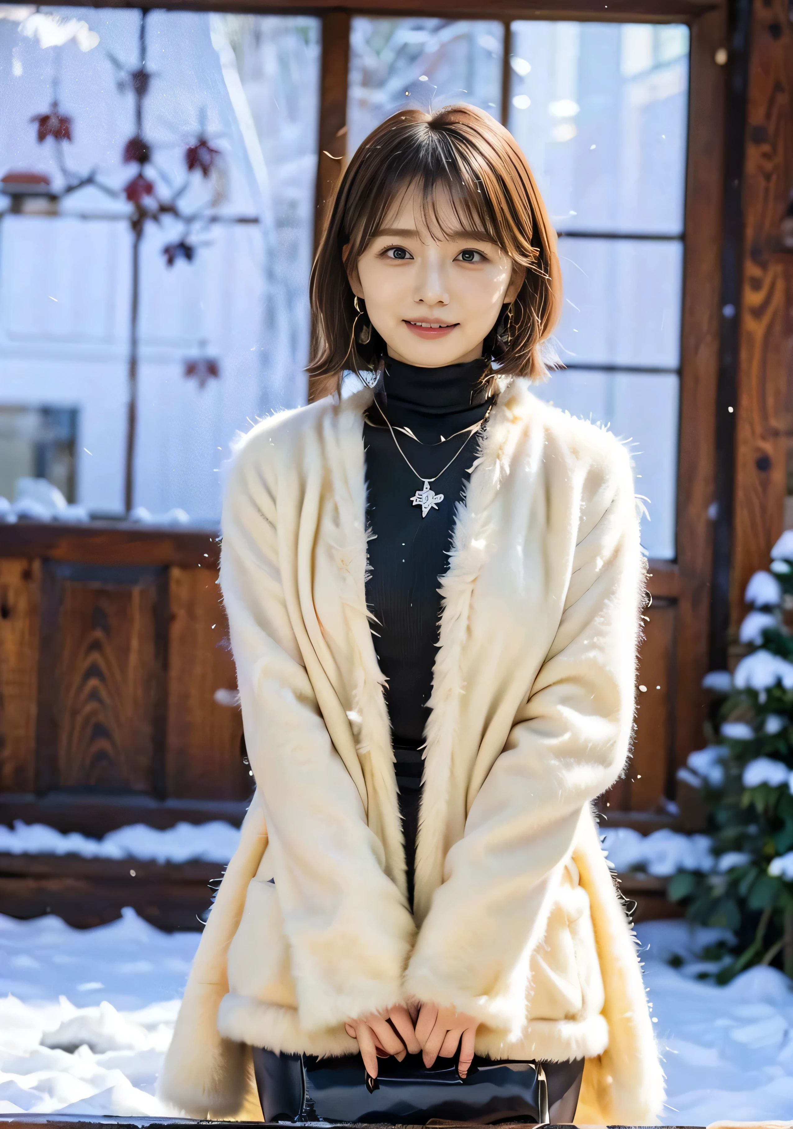 Outdoors in the city、Long eyelashes、Fur coat、Luxurious grey mink fur coat、Wearing leather boots、Luxury bags、Inner black turtleneck、Silver necklace and tiny silver earrings illionaire style:1.4))、Full body photo、smile、 Caustics、Highly detailed photos、Very beautiful woman 、Ample breasts、No makeup、(8k、RAW Photos、highest quality、masterpiece:1.2)、(Realistic、Realistic)、1 girl、((Medium Short Hair、Midwinter、Cold region Snow falling、The wind is blowing、Fluttering Hair、blur background、Colorful illuminations、Looking into the camera:1.4))、